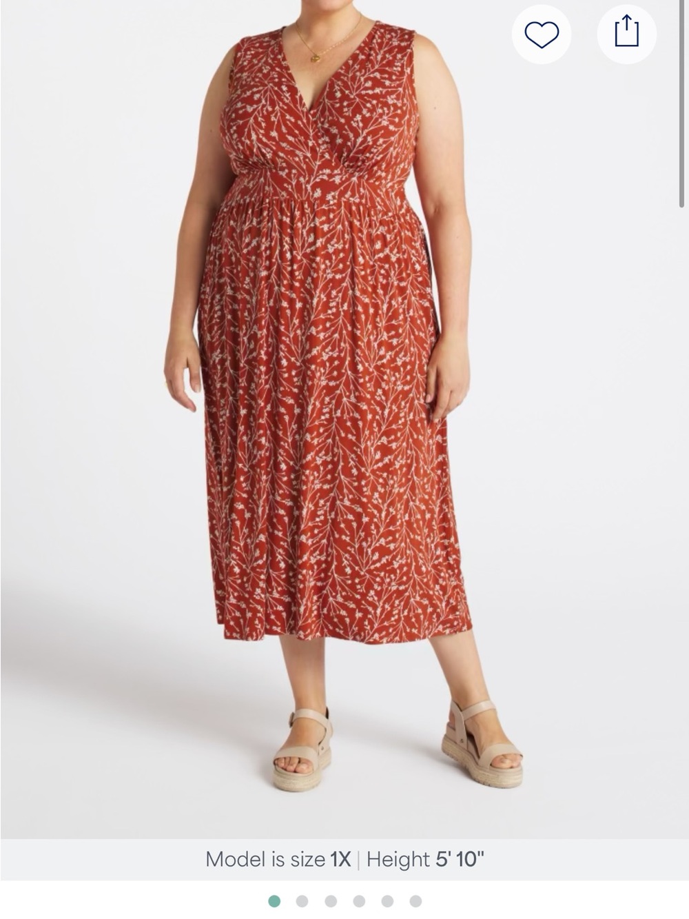 Rust Botanical V-Neck Midi Dress